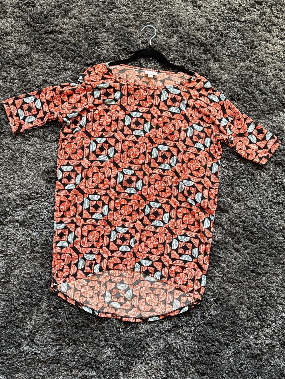 LuLaRoe Irma Tee-Orange, Black and Light Blue Geometric Floral-Size XXS